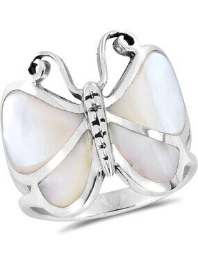 Stunning Butterfly Motif White MOP Statement Ring in .925 Sterling Silver